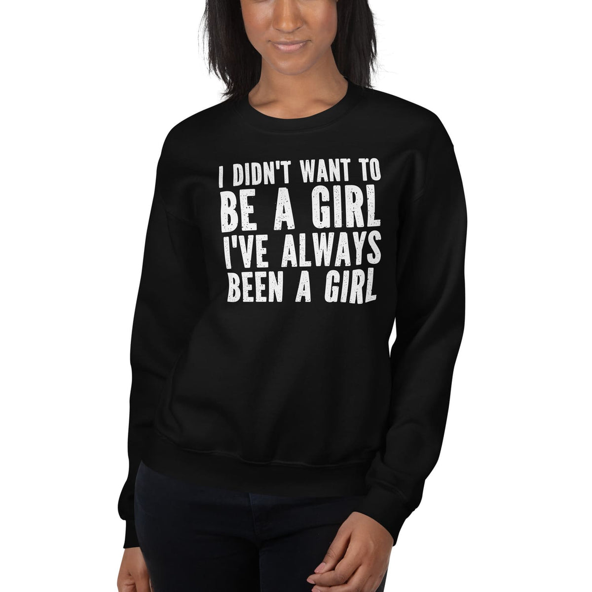 mtf trans wearing a black sweatshirt with white text on a white background