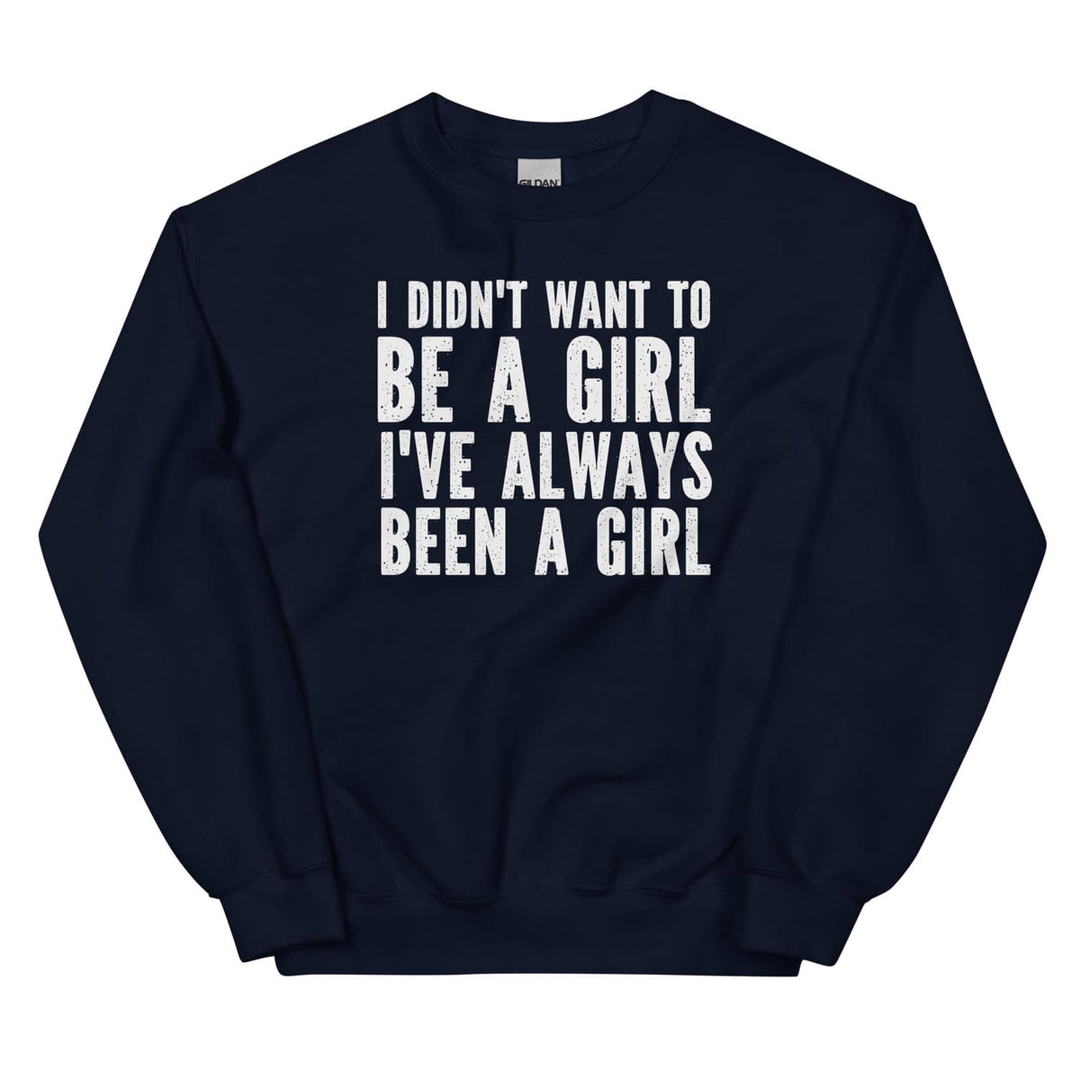 Navy mtf transgender sweatshirt with white text on a white background