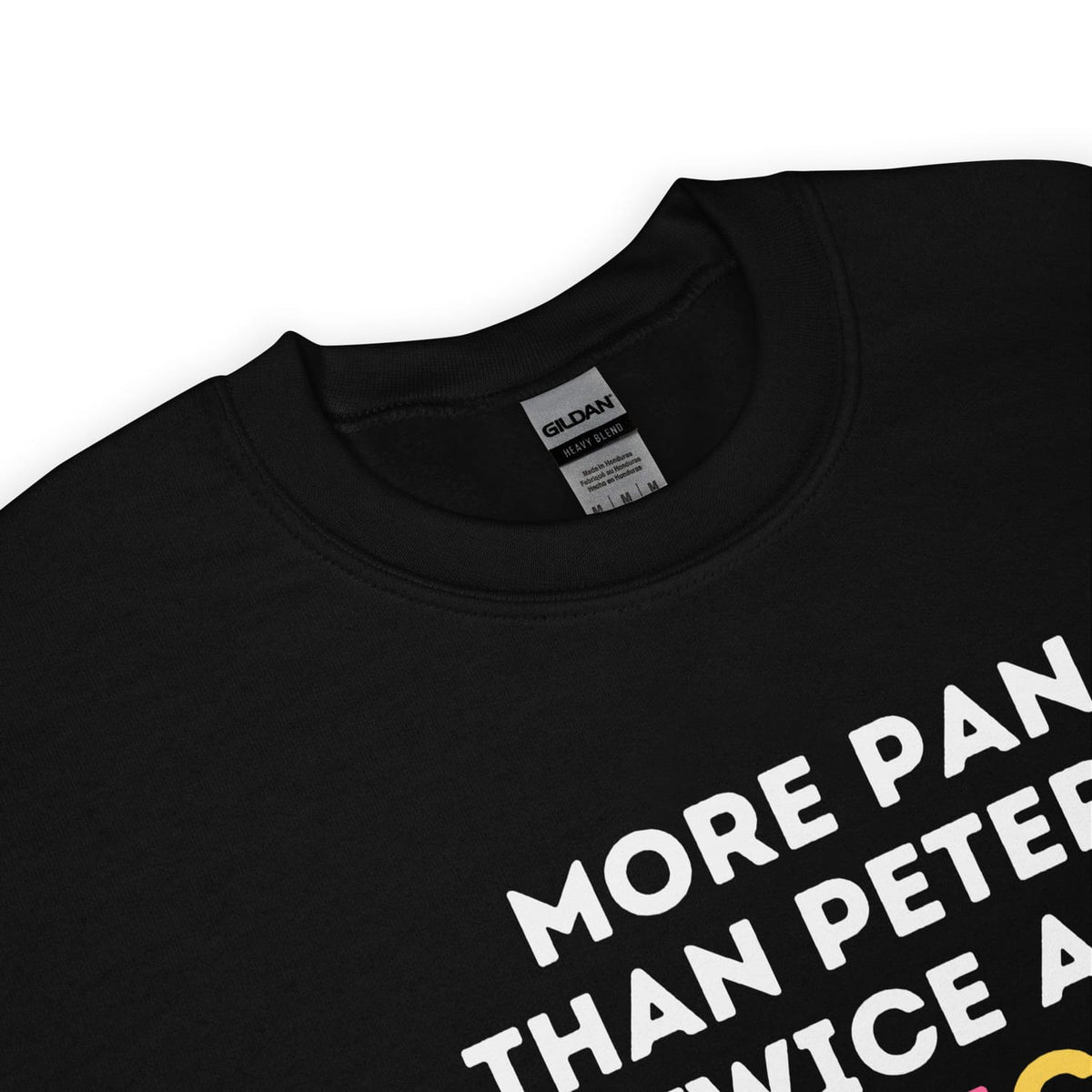 Detail of Black pansexual sweatshirt with white text and Gildan label on a white background