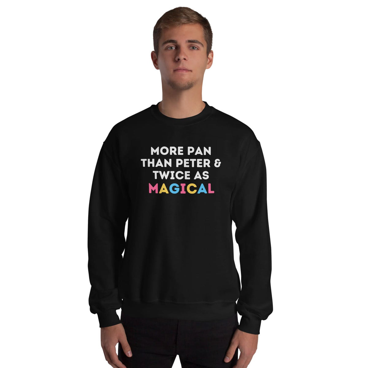 Person wearing a black pansexual sweatshirt with colorful text on a white background