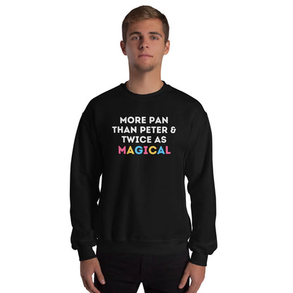 Person wearing a black pansexual sweatshirt with colorful text on a white background