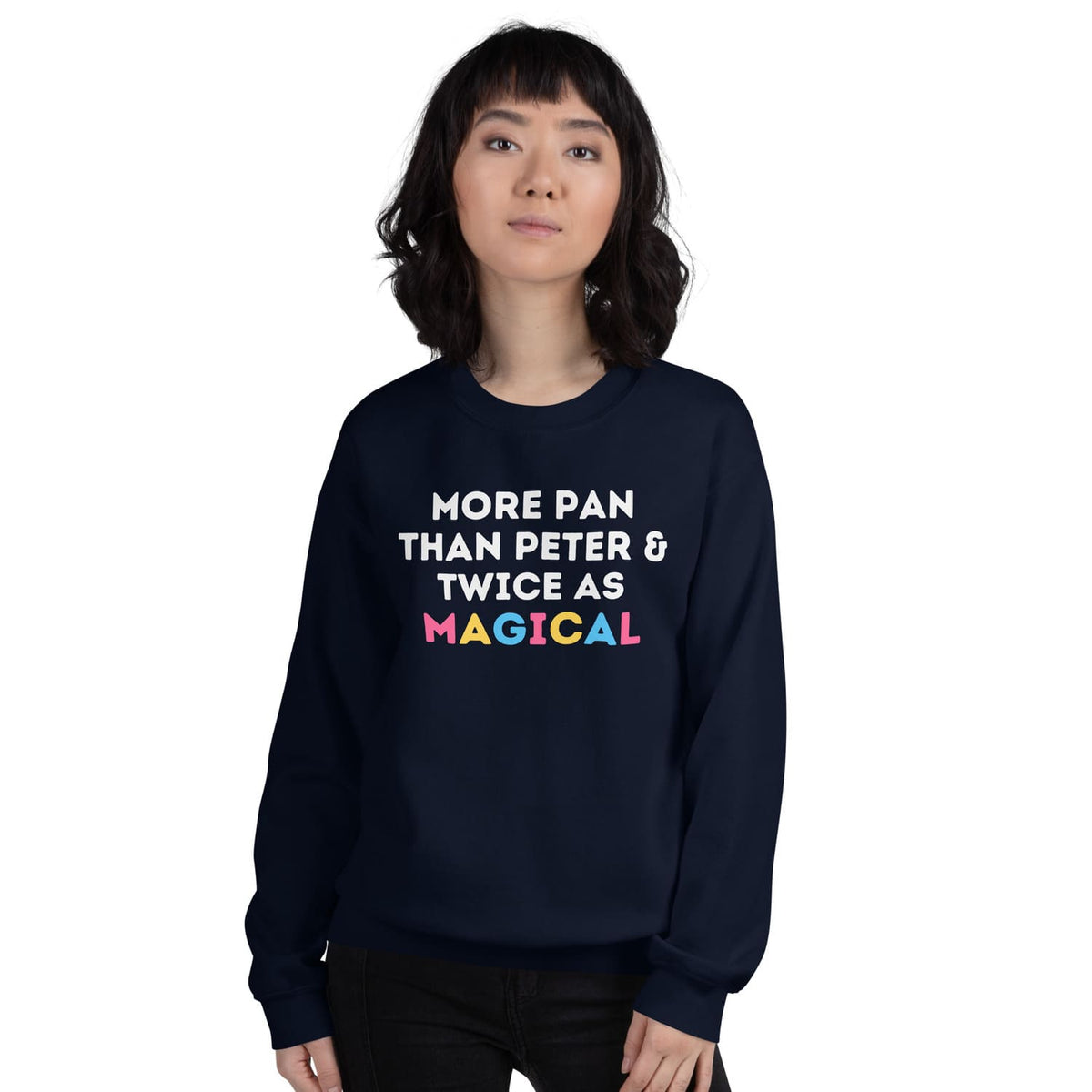 Person wearing a navy blue pansexual sweatshirt with colorful text on a white background