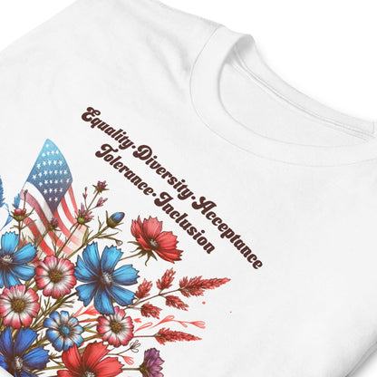 White t-shirt with floral design and text on a white background: Make America Kind Again Shirt, Kindness Patriotic Tee, Inspirational Human Rights T-Shirt, USA Diversity Shirt, Wildflowers Democrat Gift