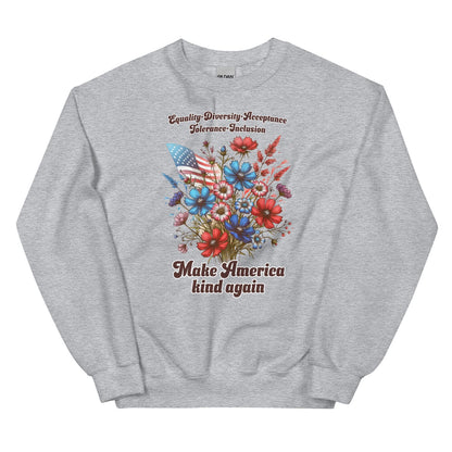 Gray american patriotic sweatshirt with floral design and text on a white background