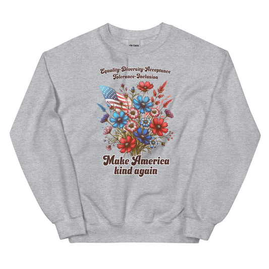 Gray american patriotic sweatshirt with floral design and text on a white background