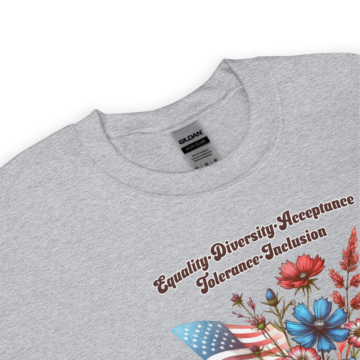 Gray  patriotic american sweatshirt with text and floral design on a white background