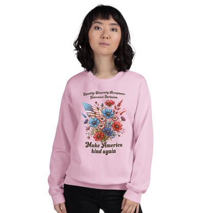 Person wearing a pink patriotic american sweatshirt with a floral design and text on a white background