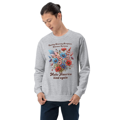 Person wearing a gray patriotic american sweatshirt with floral design and text on a white background