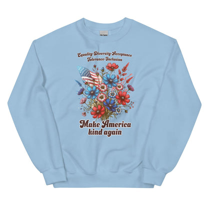 Light blue patriotic american sweatshirt with floral design and text on a white background