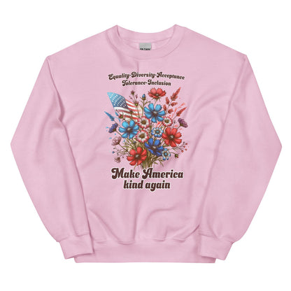 Pink patriotic american sweatshirt with floral design and text on a white background