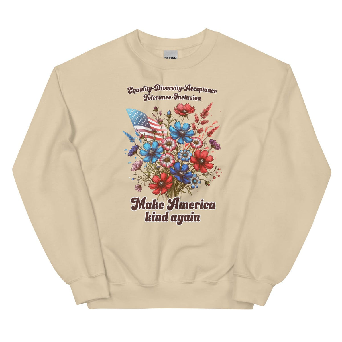 Beige patriotic american sweatshirt with floral design and text on a white background