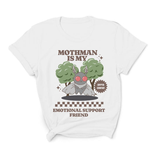 White t-shirt with a graphic of Mothman and text 'Mothman is my emotional support friend' on a white background: Mental Health Mothman Comfort Colors Shirt, Cute Cryptidcore Neurospicy Tee, Funny Weirdcore Gift, Neurodivergent Overstimulated T-Shirt