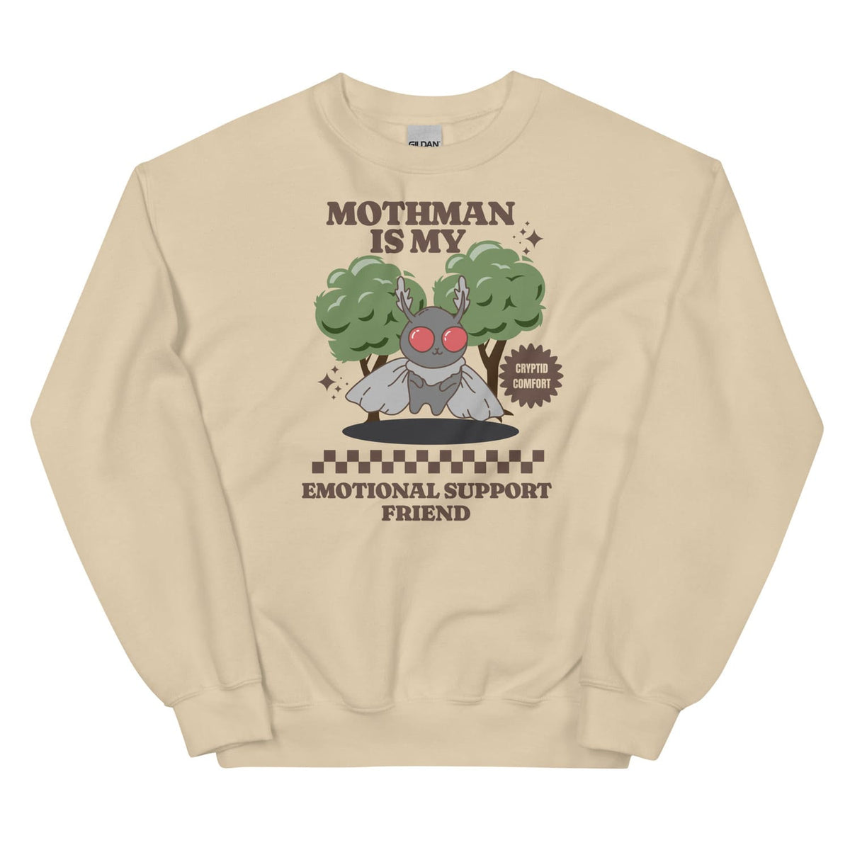 Beige mental health sweatshirt with Mothman graphic and text on a white background
