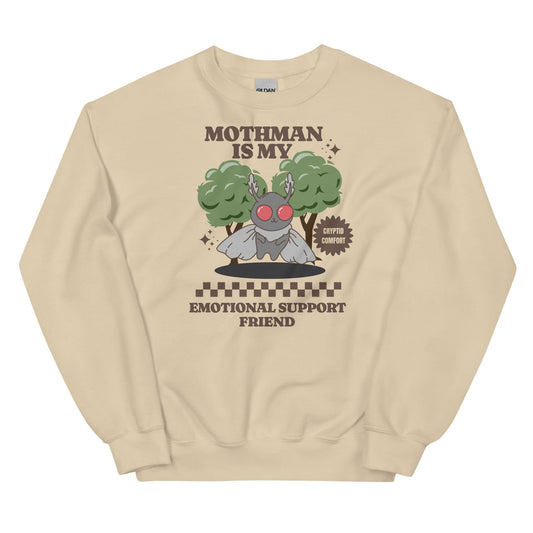 Beige mental health sweatshirt with Mothman graphic and text on a white background