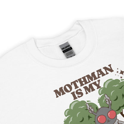 White mental healh sweatshirt with Mothman graphic design on a white background