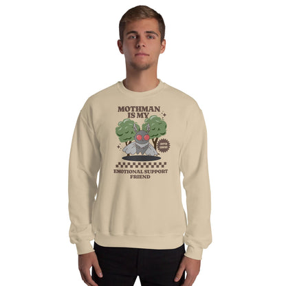 Person wearing a beige mental health sweatshirt with mothman design and text on a white background