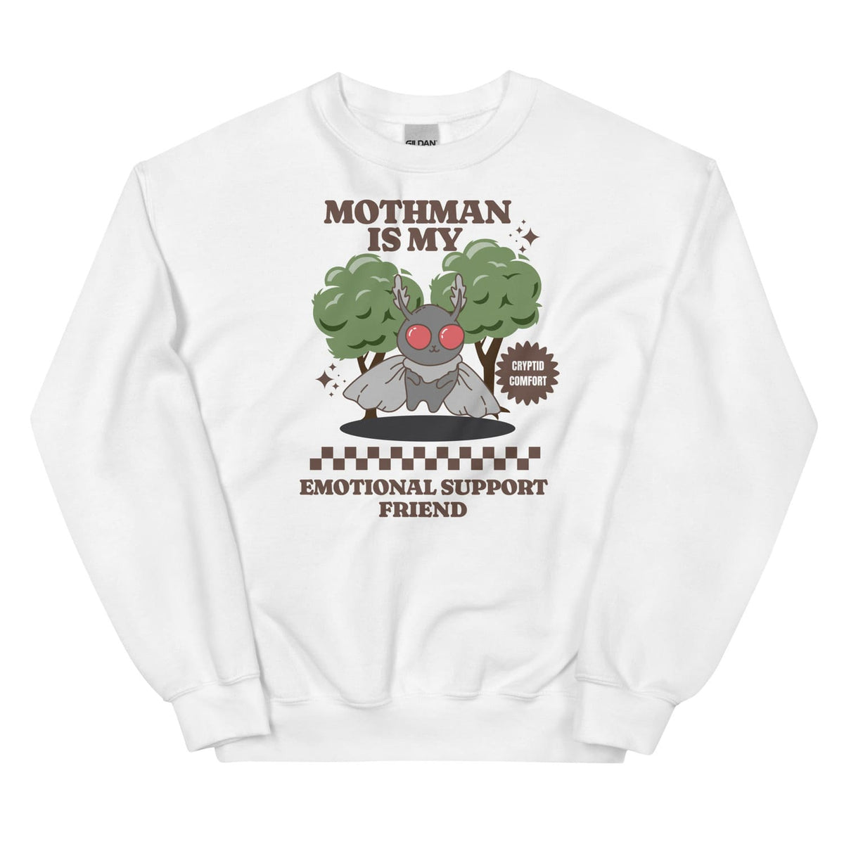 White mental health sweatshirt with a graphic of Mothman and text 'Mothman is my Emotional Support Friend' on a white background