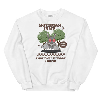 White mental health sweatshirt with a graphic of Mothman and text 'Mothman is my Emotional Support Friend' on a white background
