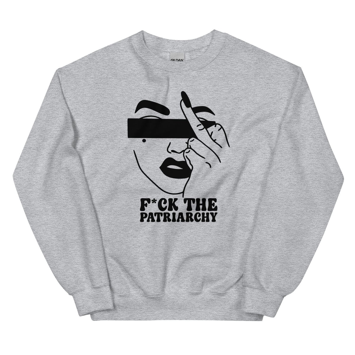 Gray sweatshirt with a feminist graphic design and text on a white background