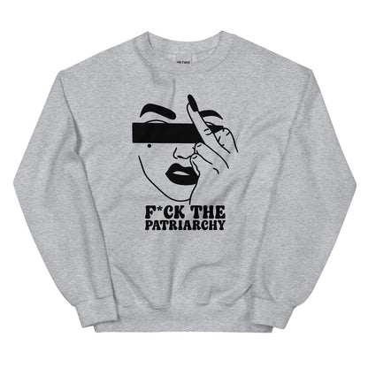 Gray sweatshirt with a feminist graphic design and text on a white background