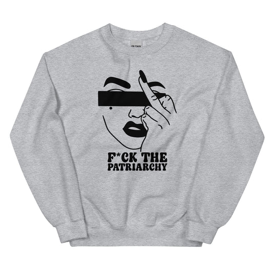 Gray sweatshirt with a feminist graphic design and text on a white background