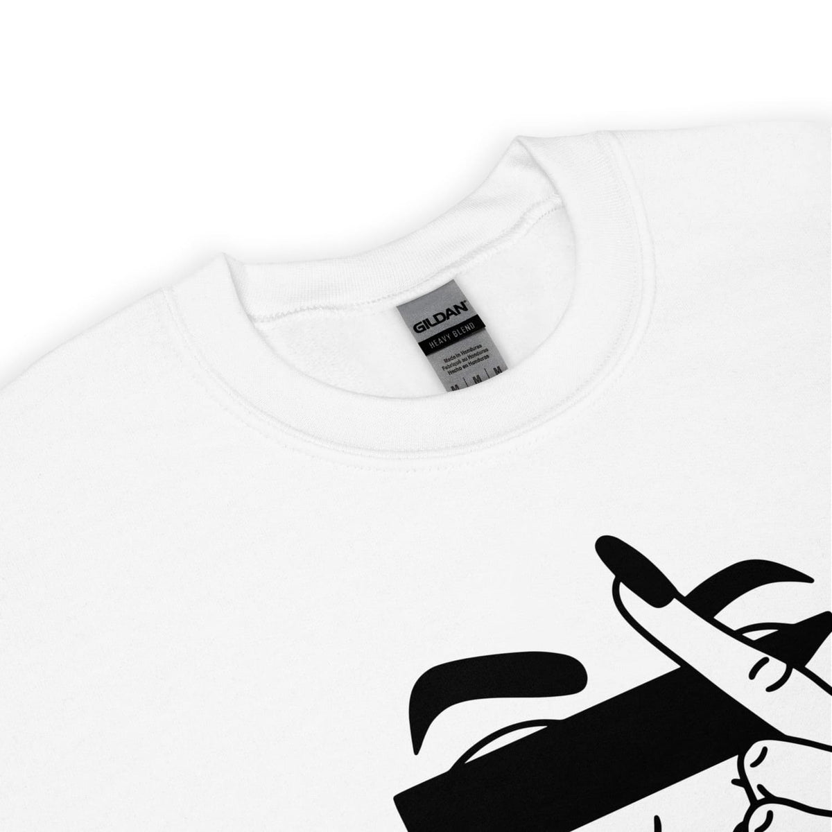 White sweatshirt with black feminist graphic design on a white background