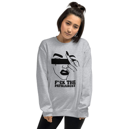 Person wearing a gray sweatshirt with a feminist graphic design and text on a white background
