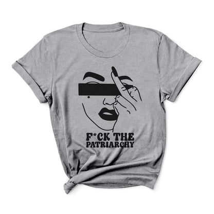 Gray feminist t-shirt with graphic design and text 'F*ck the Patriarchy' on a white background