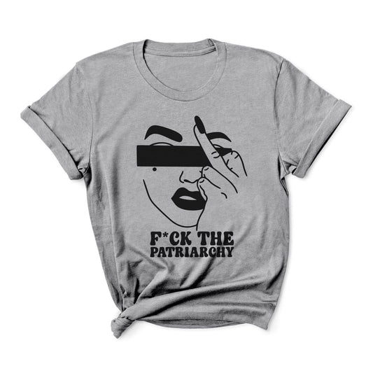 Gray feminist t-shirt with graphic design and text 'F*ck the Patriarchy' on a white background