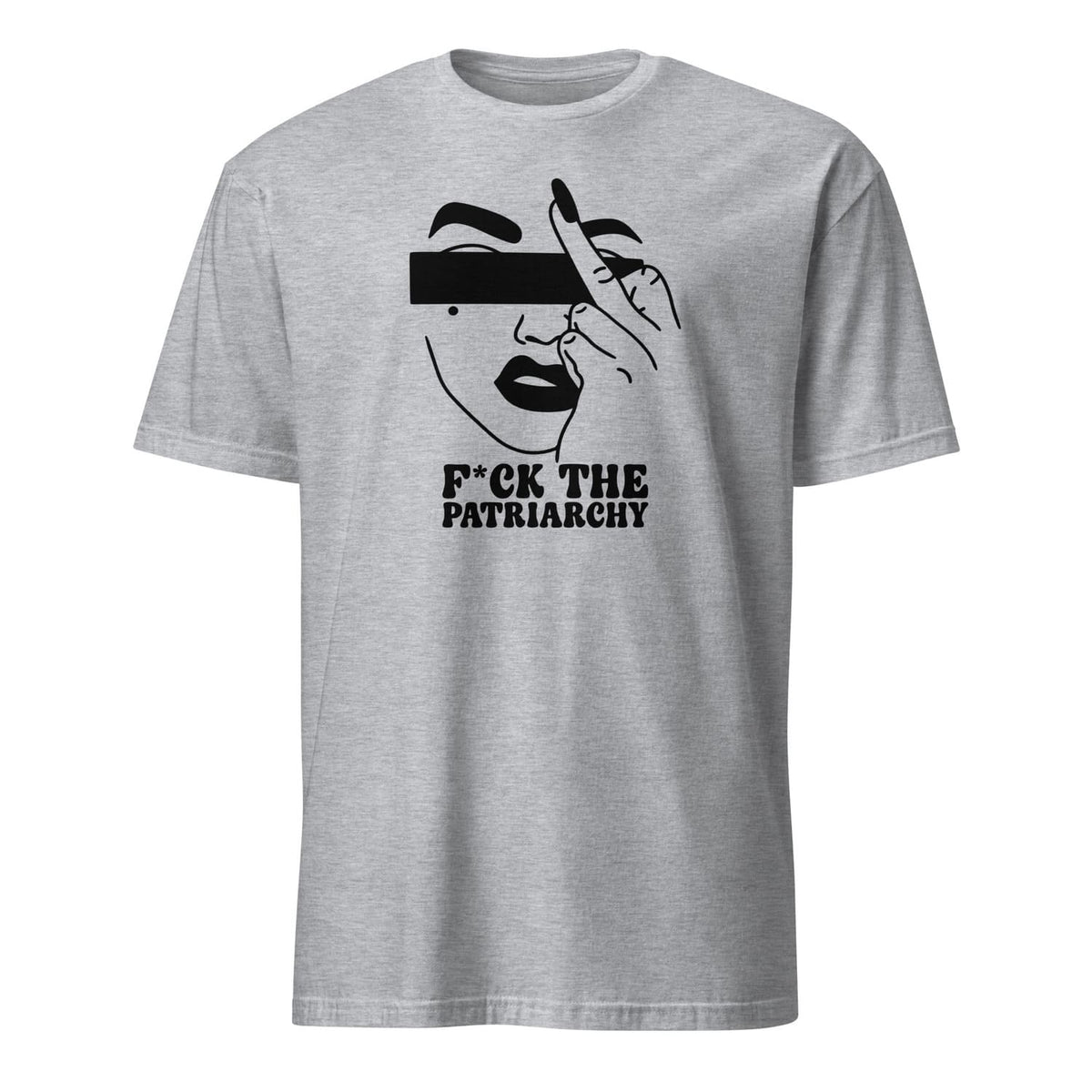 Gray feminist t-shirt with a graphic design and text on a white background