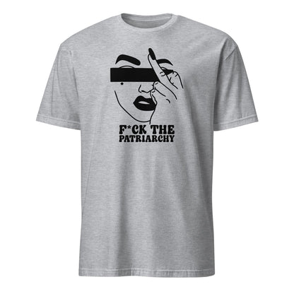 Gray feminist t-shirt with a graphic design and text on a white background