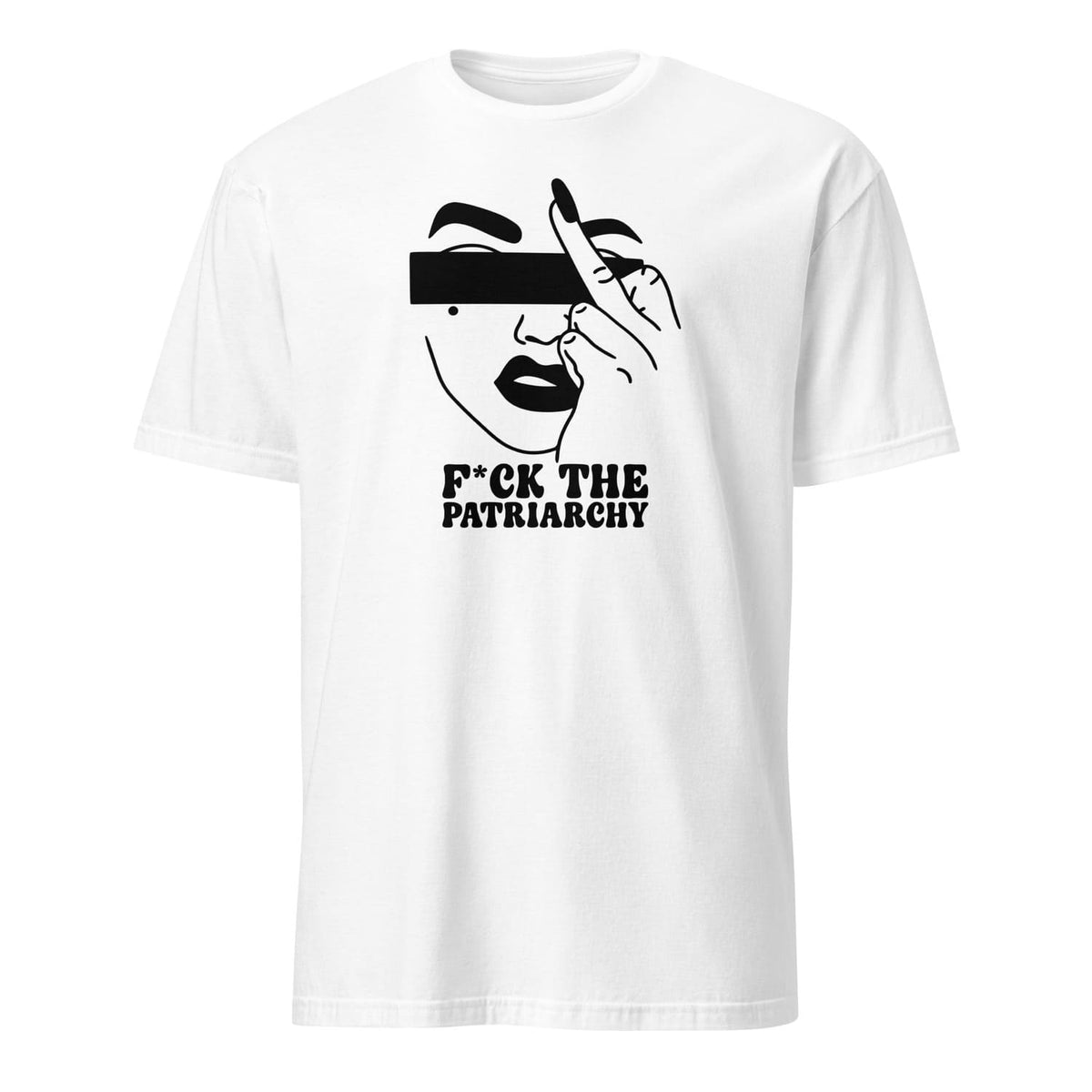 White feminist t-shirt with graphic design and text 'F*CK THE PATRIARCHY' on a white background