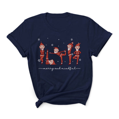 Navy blue t-shirt with Christmas-themed design featuring Santa Claus doing yoga