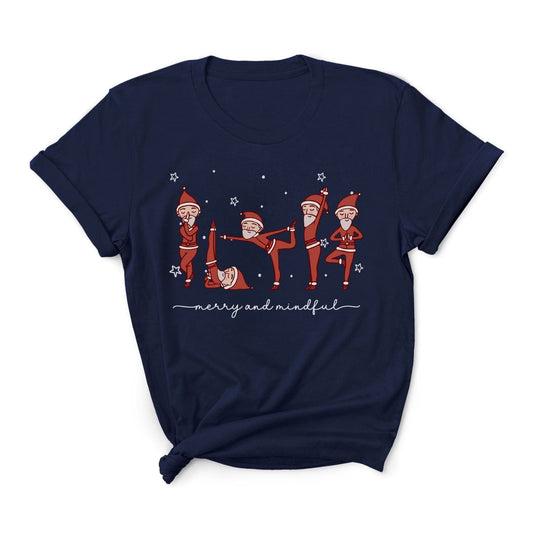 Navy blue t-shirt with Christmas-themed design featuring Santa Claus doing yoga