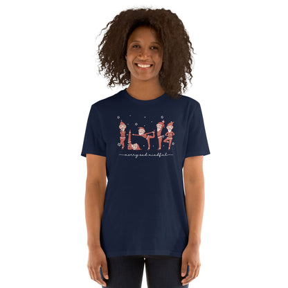 Person wearing a navy blue t-shirt with a yoga mindfilness design on a white background