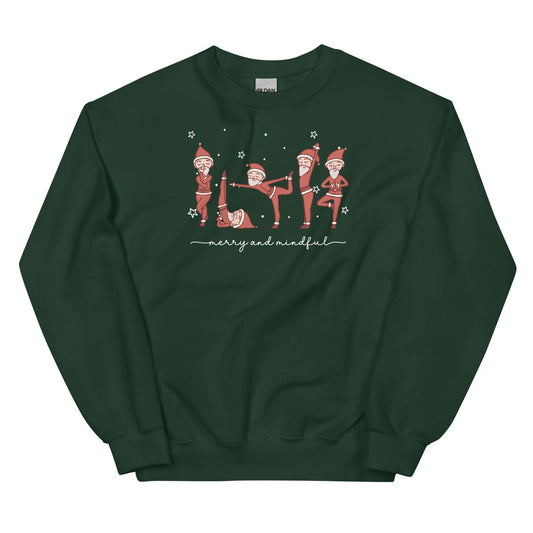 Dark green sweatshirt with Christmas-themed design of santa doing yoga and 'merry and mindful' text on a white background.