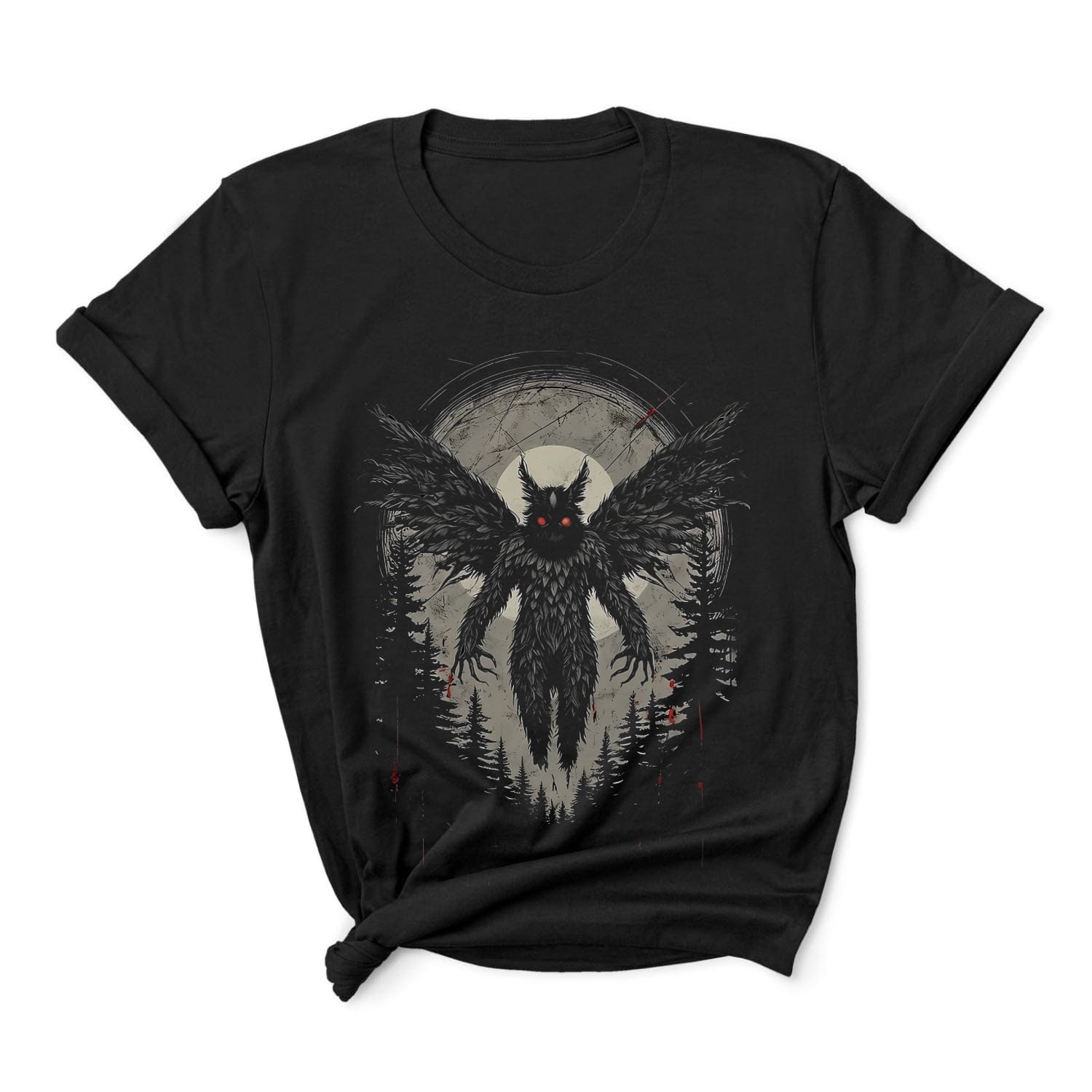 Black t-shirt with a dark mothman creature design on a white background