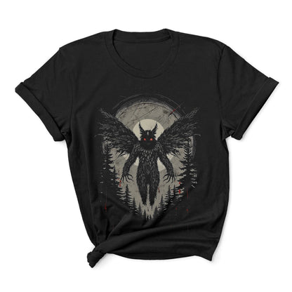 Black t-shirt with a dark mothman creature design on a white background