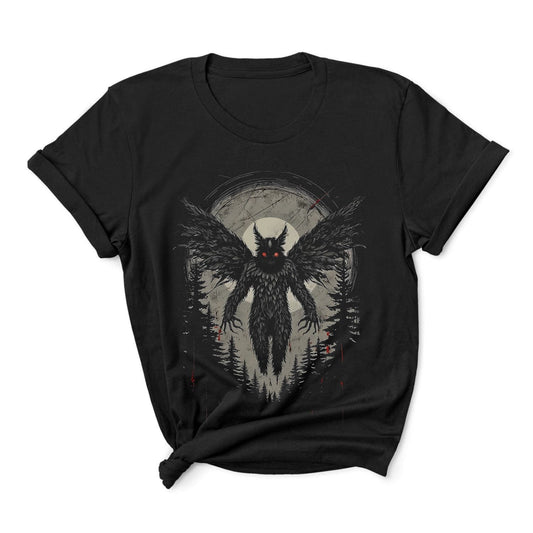 Black t-shirt with a dark mothman creature design on a white background