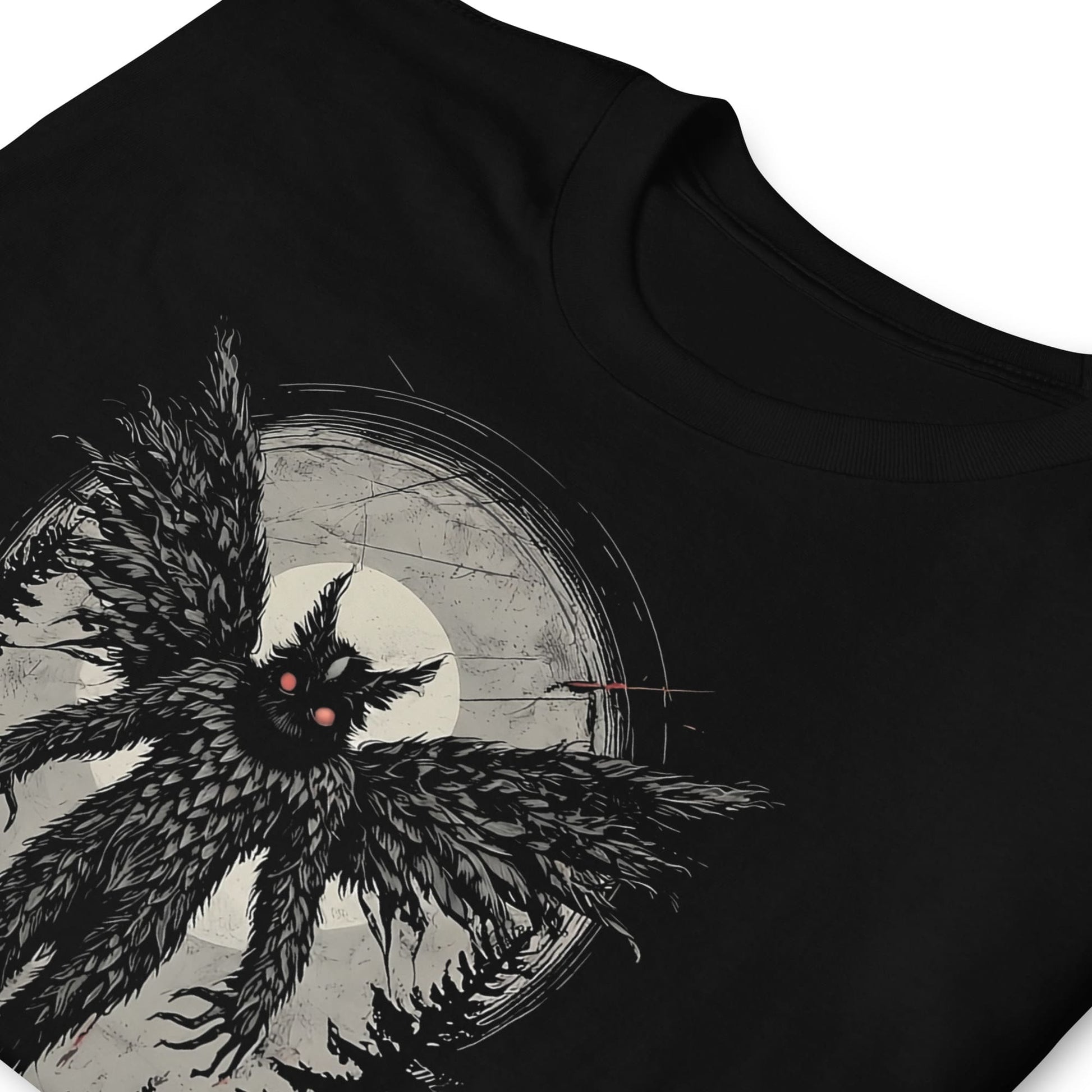 Black t-shirt with mothman design on a white background