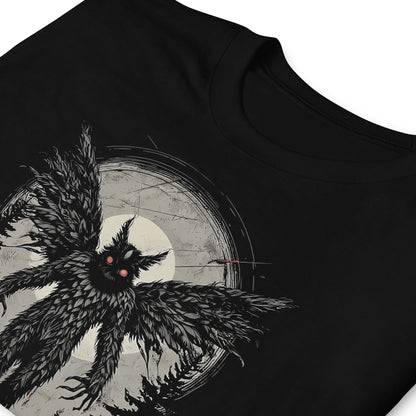 Black t-shirt with mothman design on a white background
