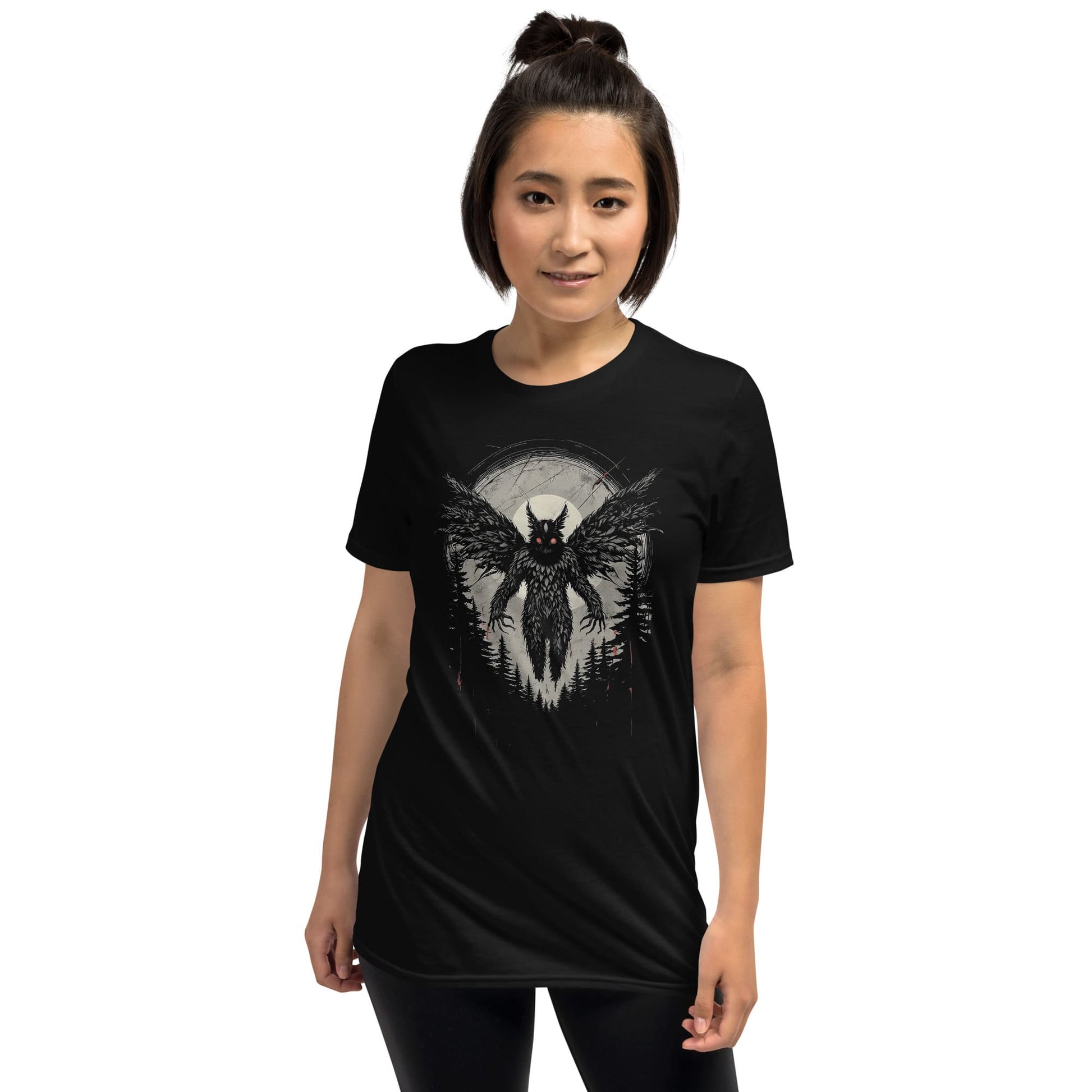 Person wearing a black mothman t-shirt on a white background
