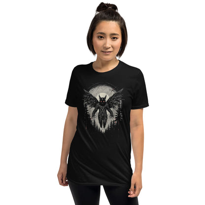 Person wearing a black mothman t-shirt on a white background