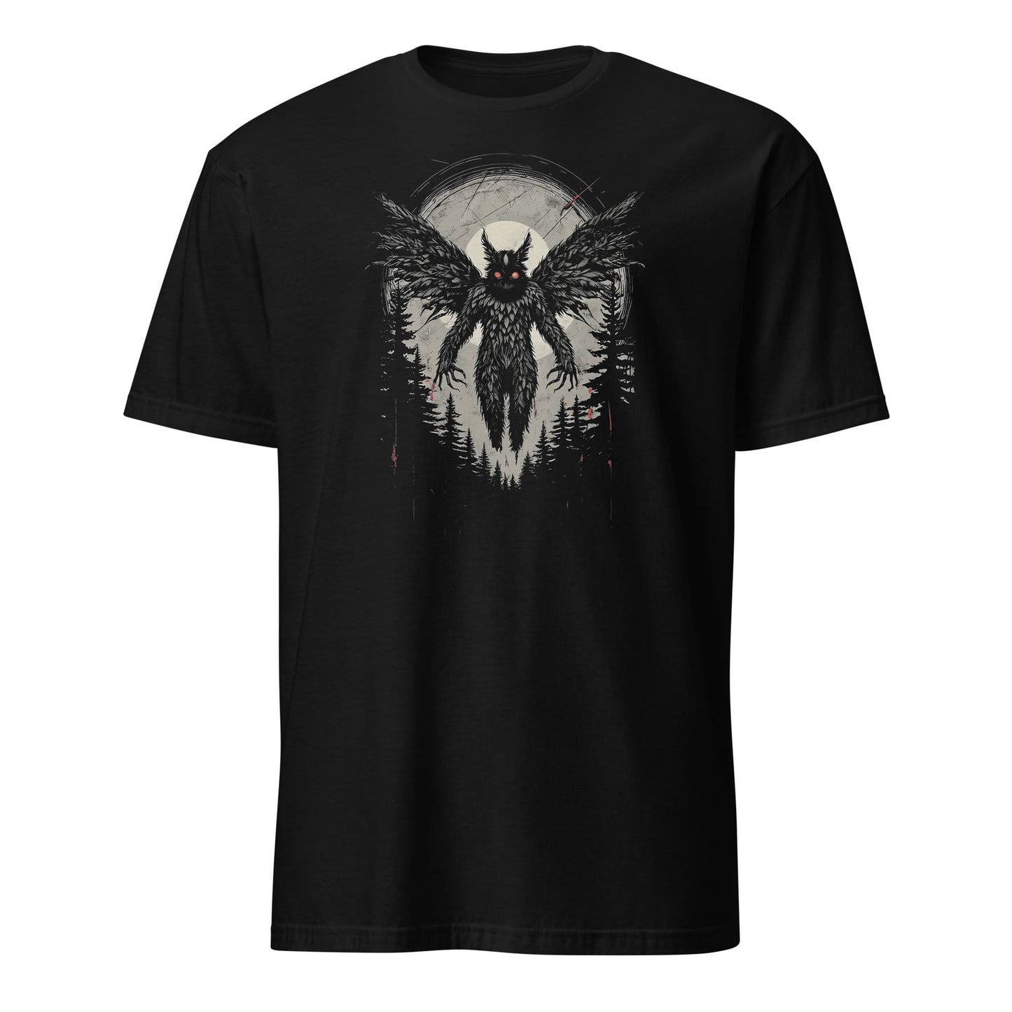 Black t-shirt with a mothman design on a white background