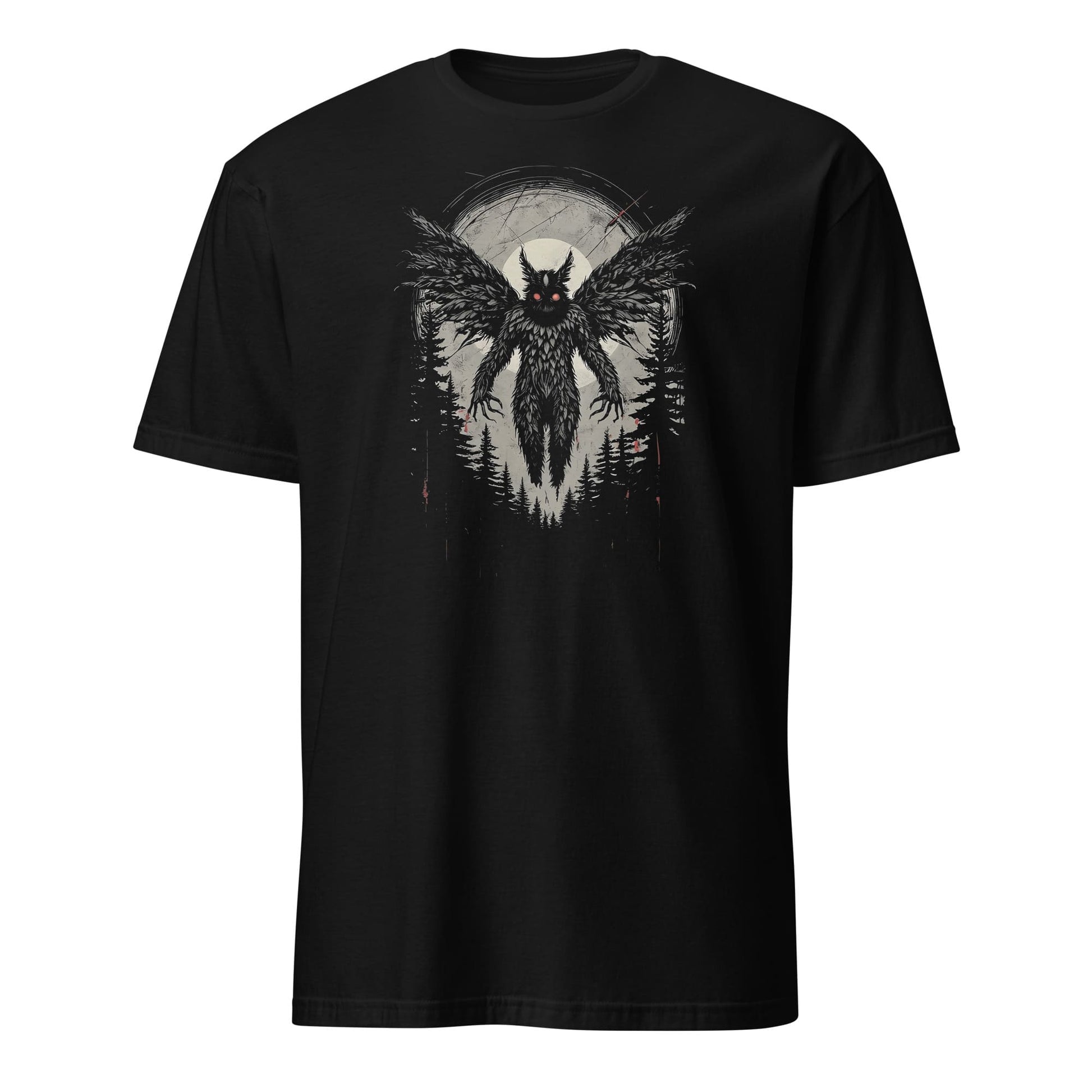 Black t-shirt with a mothman design on a white background