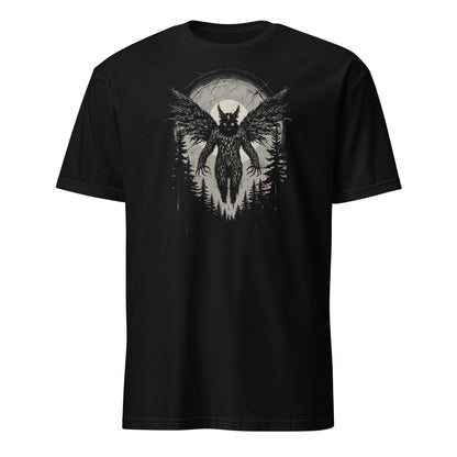 Black t-shirt with a mothman design on a white background