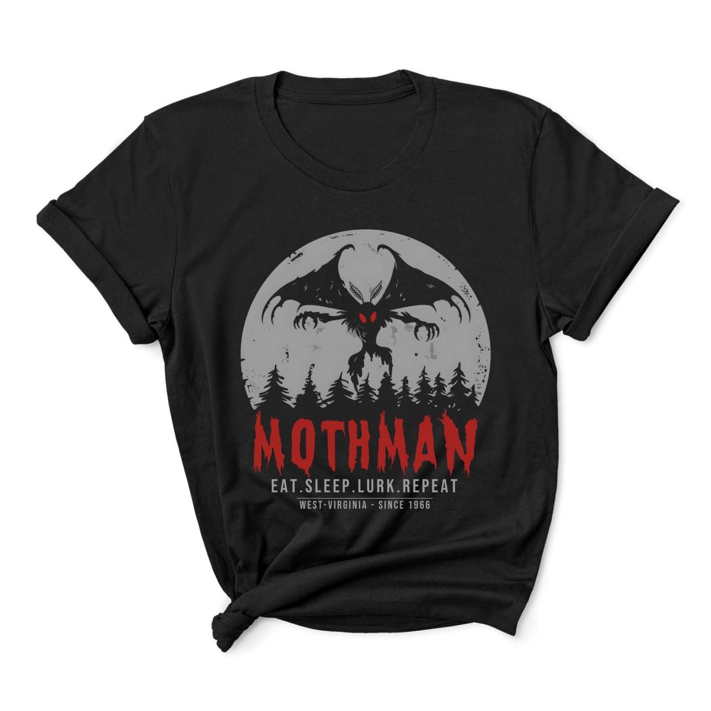 Black t-shirt with Mothman graphic and text on a white background