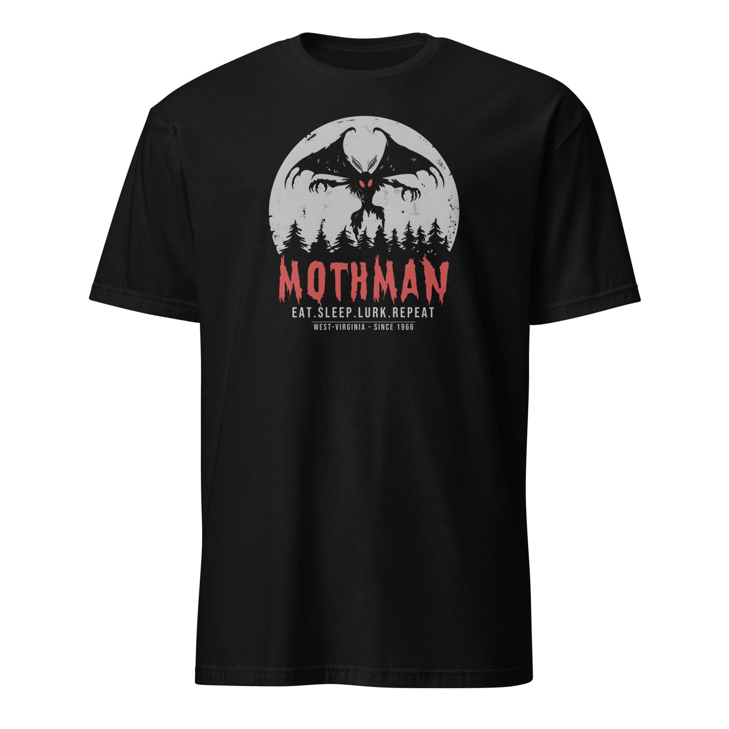 Black t-shirt with Mothman graphic and text on a white background