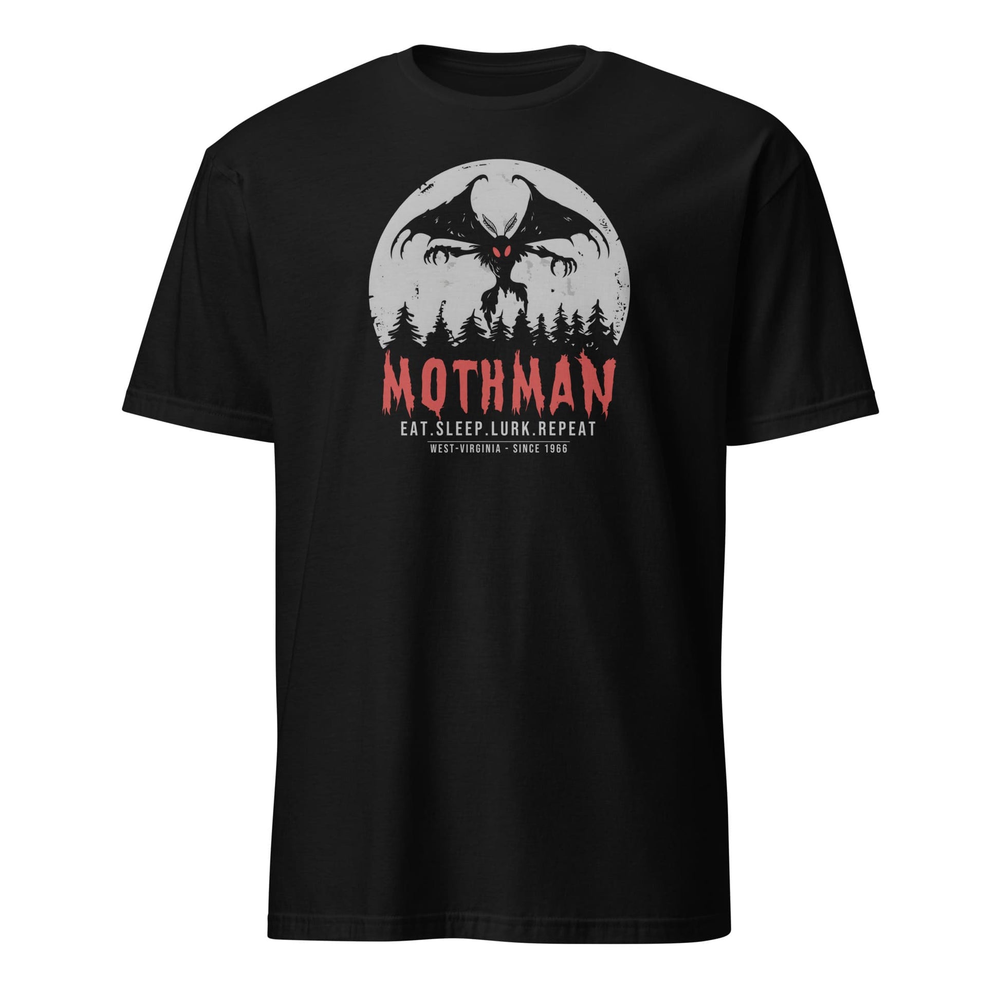 Black t-shirt with Mothman graphic and text on a white background