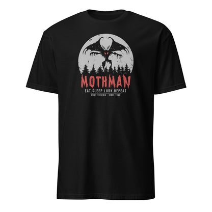 Black t-shirt with Mothman graphic and text on a white background